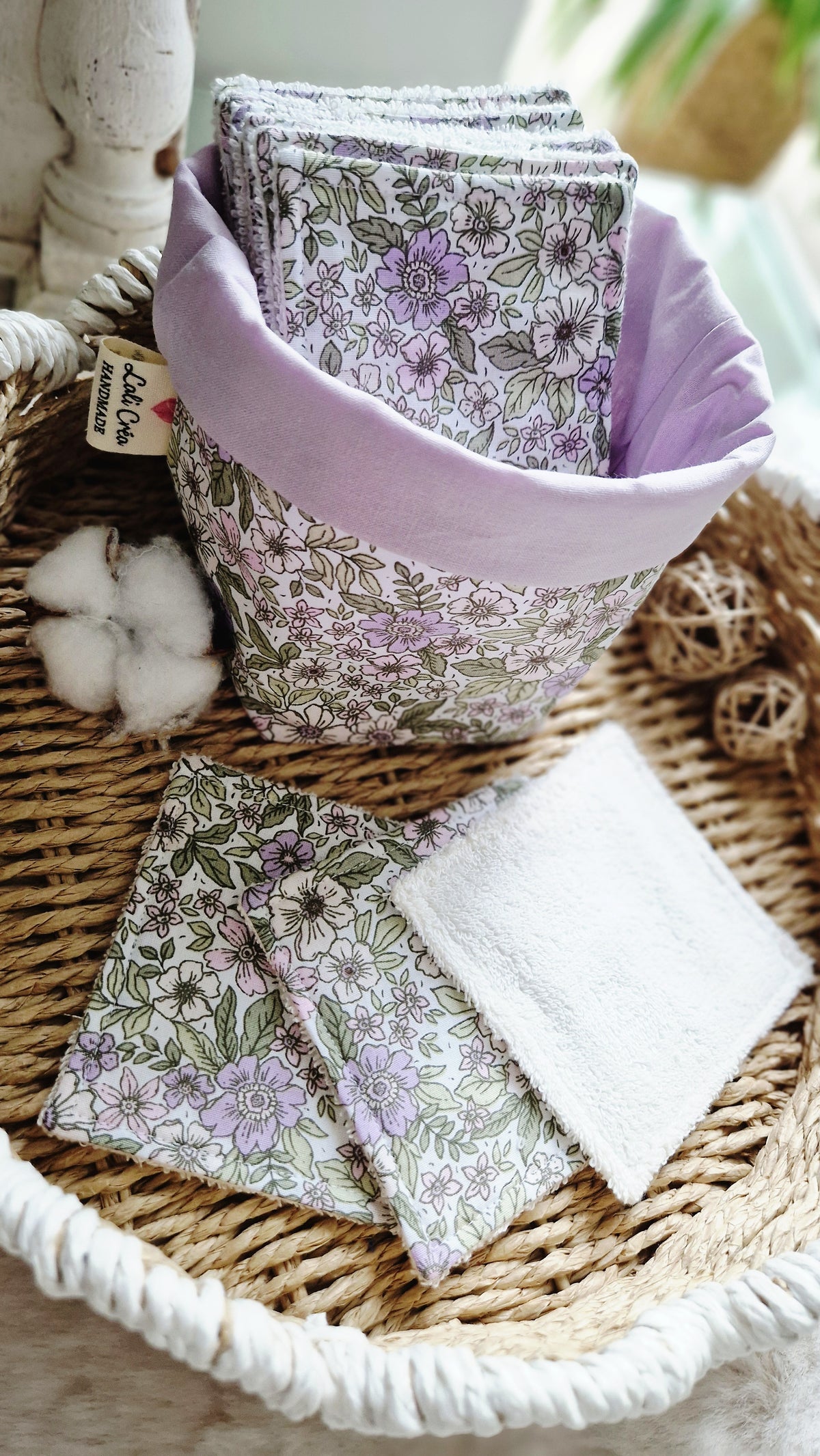 Panières et 10 lingettes lavables fleuries