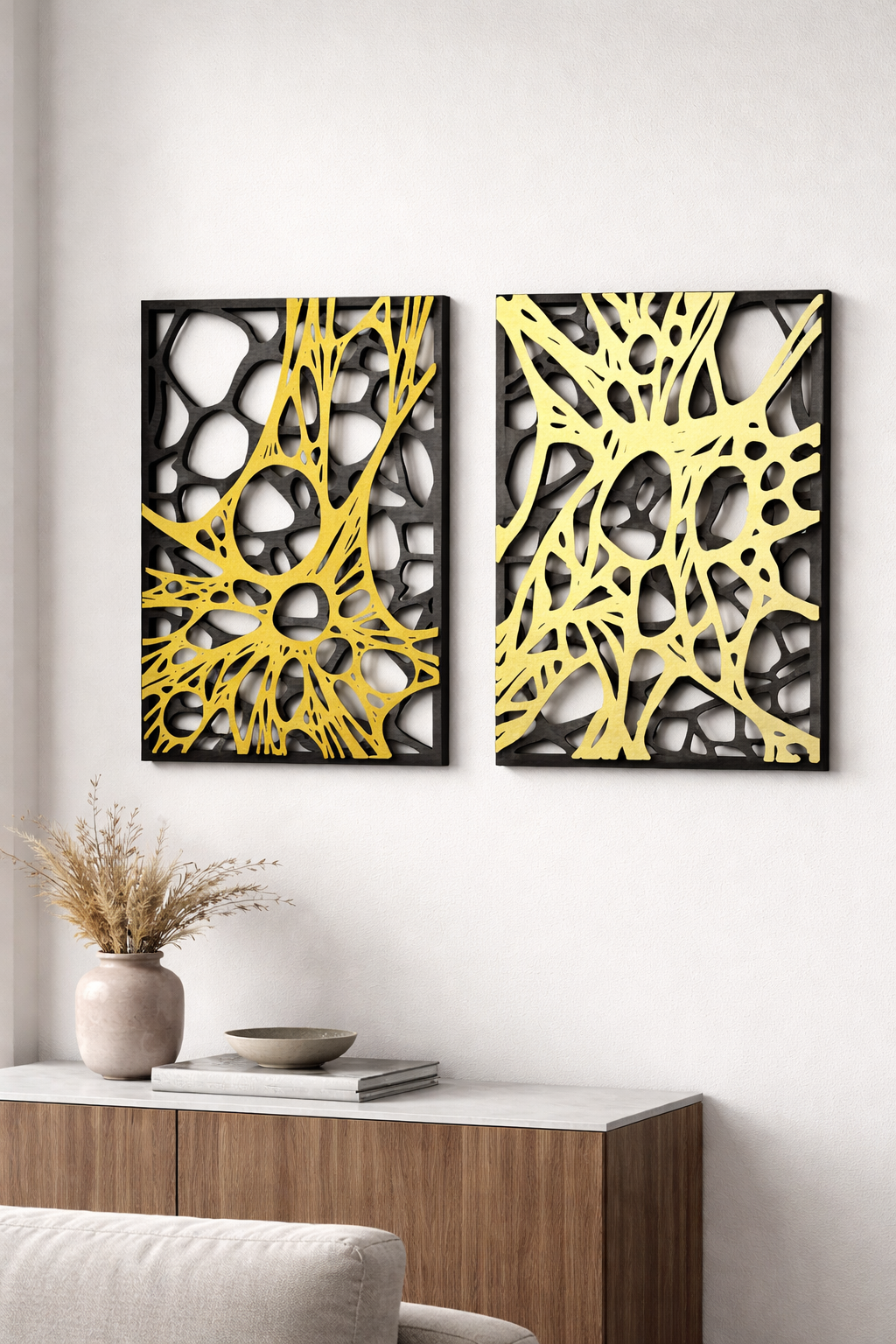 Tableau Mural Sculptural – Noir Profond & Finition Dorée